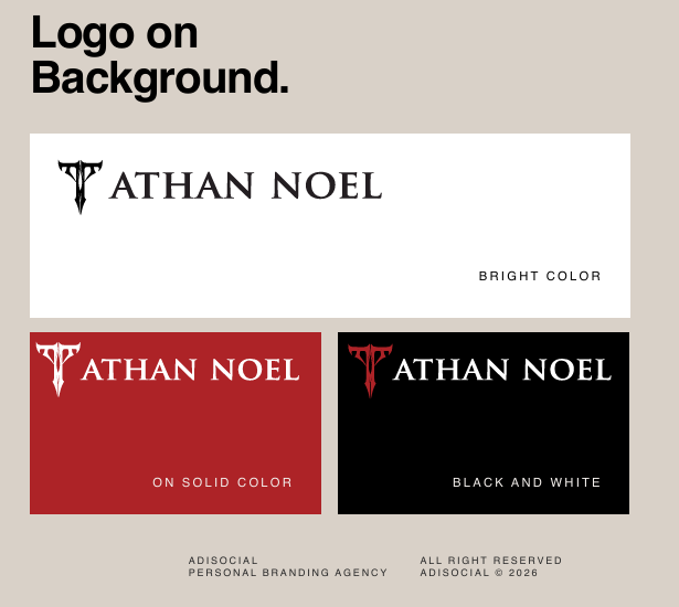 Brand book του Athan Noel με το μονόγραμμα και τις εφαρμογές του λογοτύπου